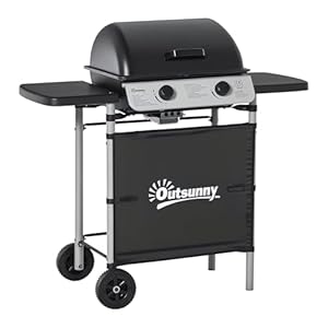 Outsunny 2 Burner Gas BBQ Trolley with Lid, 5.6 kW Gas Barbecue Grill with Wheels, Side Shelves, Grey