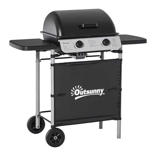 Outsunny Carro de barbacoa de gas de 2 quemadores con tapa, parrilla de gas de 5,6 kW con ruedas, estantes laterales, gris