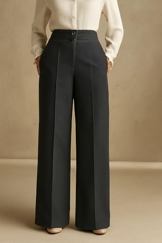 Image of SAKHWALA Women's High Waist Wide Leg Formal Trousers with Double Button Waistband | Office Wear & Casual Wear Pants with Side Pockets - Beige, Grey & Pink