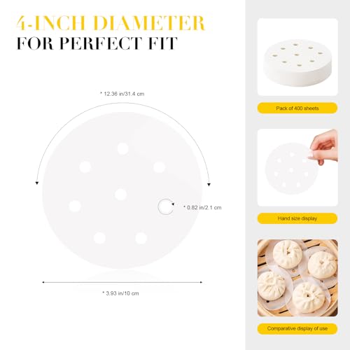 400-Count Mini Bamboo Steamer Liners, 4-Inch Perforated Parchment Sheets for Dumplings, Buns, Dim Sum, Air Fryer and Microwave Safe, Disposable Food-Grade non-stick layer