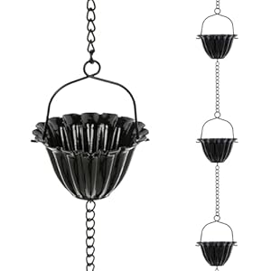 8.96FT Rain Chain, 12 Thick Iron Flower Cups Rain Chains for Gutters, Adjustable Rain Catcher Chain for Eaves Drainage，Black Lotus Rain Chain with Rust -Resistant Powder Coating