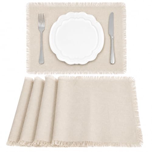 Letjolt Beige Placemats Farmhouse Cotton Linen Tassel Place Mats Set of 4 Home Kitchen Dining Table Decor