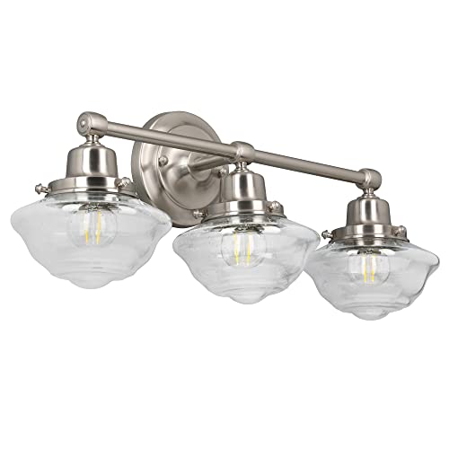 Image of Design House Vintage-Inspired Schoolhouse 3-Light Dimmable Vanity Light, 23.125 in x 7.625 in x 9.5 in, Satin Nickel, Clear Seeded Glass Shades, 589143-SN