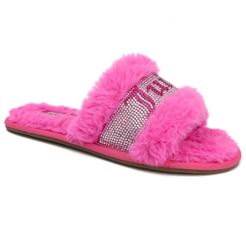 Juicy Couture Women's Plush Faux Fur Slippers – Cozy Open-Toe Slides, Soft Indoor/Outdoor House Shoes