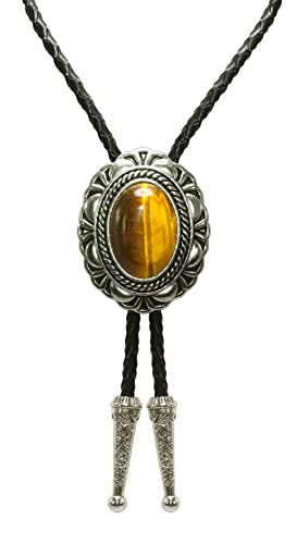 Image of Moranse Bolo Tie with Natural Tiger Eye Stone Celtic Style Genuine and Cowhide Rope