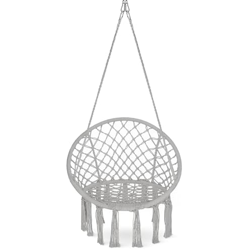 4FIZJO Hängesessel Boho, Makramee hängesessel, Garten schaukel, Hängekorb, Schaukelkorb, Therapieschaukel Kinder, Hängesessel Indoor & Outdoor, Hängesitz Patio-Rasen, Maximale Belastung 125 kg, Grau