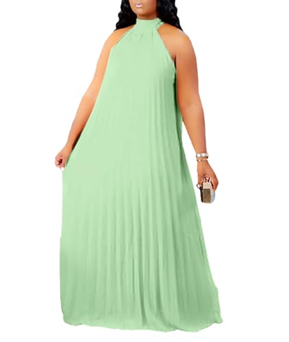 Image of Aro Lora Womens Casual Sleeveless Plus Size Chiffon Halter Neck Pleated Loose Long Maxi Dress