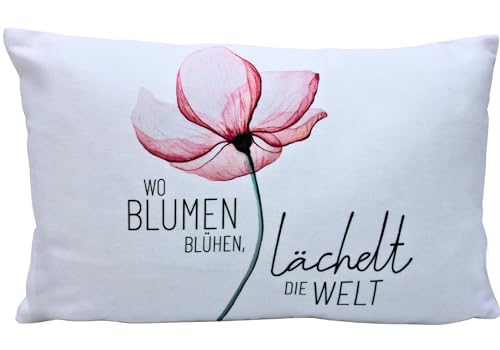 Dekohelden24 Zierkissen - Kuschel Kissen mit Blüte/Dekokissen - Kopfkissen - Wo Blumen blühen, lächelt die Welt - L/B/H ca. 40 x 13 x 23 cm, 100% Baumwolle.