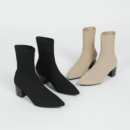Women'S Knitted Thick Heel Socks Boots Fashionable Pointed Stacked Heel Non-Slip Breathable Pull On Work Party Business Formal Short Boots4
