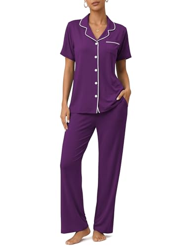 Image of ZMJ Womens Pajamas Sets 2 Piece Button Up Pj Sets Short Sleeve with Long Pant