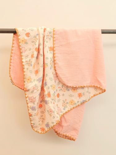 Image of Double Layered 100% Cotton Muslin Baby Blanket Ultra-Soft 40x40 Inch Swaddling Nursery Crib Blanket (Pink Strawberry Floral)