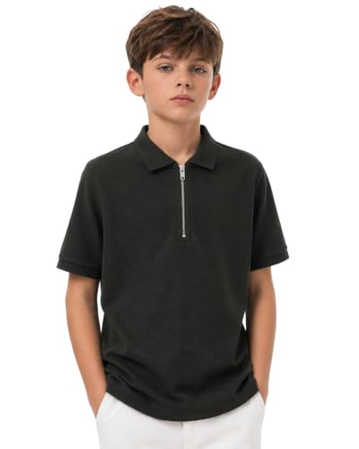 Image of Alan Jones Clothing Boys Polo T-Shirt with Zipper Closure | Honeycomb Knit Cotton Blend Half Sleeve Tshirt | Age 6-16 Years