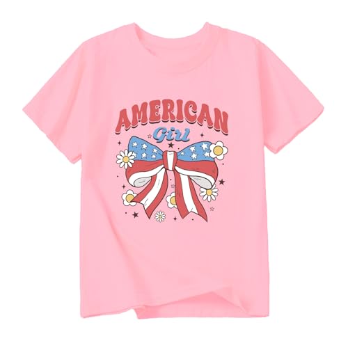 Image of Girl American Flag Shirts Bow Tshirt 4th of July Shirt Cotton Short Sleeve Tees 2-12 Years