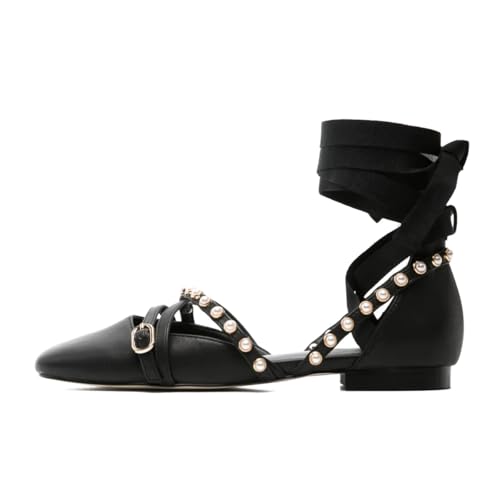 XYD Women Crisscross Straps D'Orsay Flats Square Toe Pearls Lace-up Low Heels Ankle Strappy Chic Casual Event Shoes2