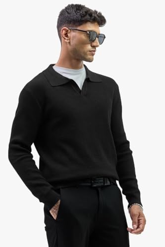 Image of SNITCH Men's Textured| Self-Design Sweaters | Casual Wear| College Wear Streetwear Style | Acrylic Blend Polo Full Sleeve Slim Fit Black