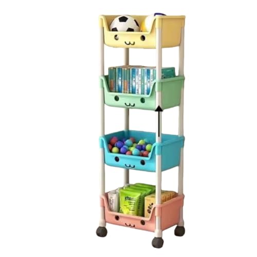 YAKINOおもちゃ収納ワゴン 棚 おもちゃ箱 絵本棚 キッズ ボックス 大容量 絵本ラック おもちゃ ラック おもちゃ箱 バスケット小物 収納 3/4段 3/4マス ストッパー付き キャスター付き 収納カート おしゃれ 可愛い 大容量 キッズ収納 (三段