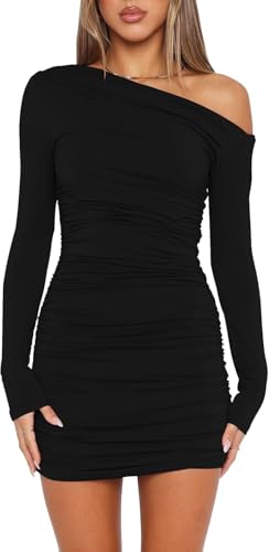 Wenrine Damen Kleider Sexy Schulterfrei Partykleid Langarm Minikleid Rüschen Bodycon Hochzeitsgast Cocktailkleid(Schwarz, M)