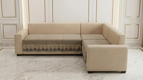 Image of Velvet Quilted Sofa Cover Mat Seat & Back, L Shape 3+2, Main L69in Chaise L46in H32in, Mouse Brown Color,Anti Skid Backing, 6in Hanging Strap Design, W, Style -MouseBrown-L32