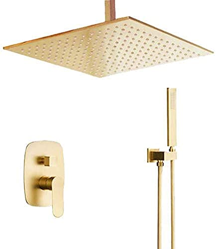 PUFAHAU Ducha clásica, Grifo de Ducha Tipo Lluvia con Montaje en Techo de latón Dorado Cepillado de 10 a 12 Pulgadas, Juego Combinado de Ducha Tipo Lluvia