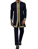 Mens African 2 Piece Set, Nigerian Dashiki Shirt and Pants Outfit, Gold Print Metallic Traditional Suit for Wedding Party Vacation