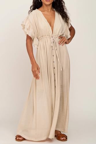 Image of R.Vivimos Maxi Dresses for Women 2026 Summer Short Sleeve V Neck Drawstring Tie Boho Loose Flowy Long Dresses with Pockets