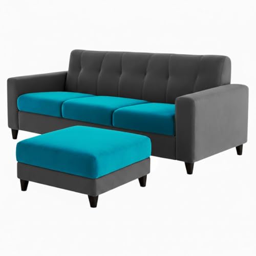 Image of Homeboy 4 Seater L Shape Sofa Set with Movable Ottoman | Flexible Left or Right Layout | Luxe Velvet Suede Fabric | Comfortable Seating | Modern Sofa for Living Room -Dark Gray - Aqua Blue