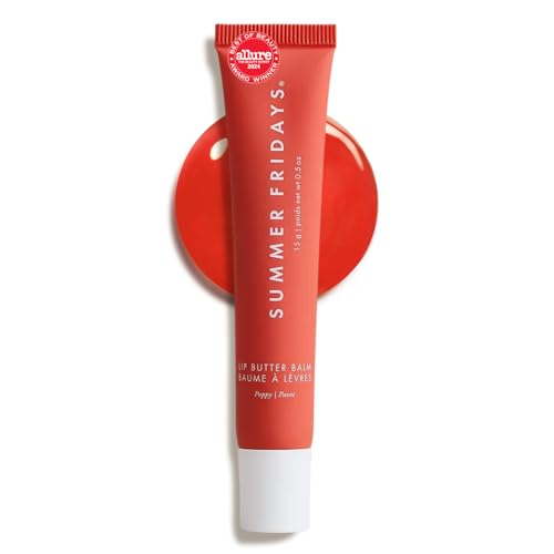 Image of Summer Fridays Lip Butter Balm - Moisturizing Lip Gloss for Instant Shine + Sheer Color - With Nourishing Shea Butter - Everyday Makeup + Skin Care Summer Essentials - Vegan - Poppy (.5 Oz)