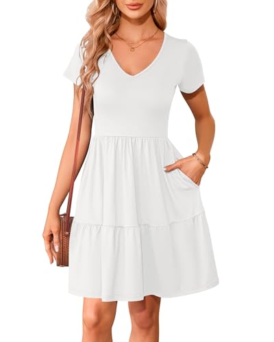 AUSELILY Women Summer Dress Casual Short Sleeve Sundress V Neck Floral Tiered Beach Dresses with Pockets4