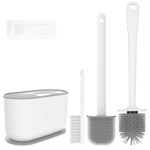 Toilettenbürste Silikon, Klobürste und Behälter, WC Bürste mit Schnell Trocknendem Halter für Badezimmer, Toilettenbürste Set mit belüftetem Bodenschlitz für Tiefe Toilettenspalt Reinigung Cover