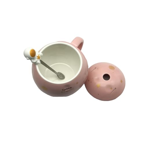 Image of NOSCOMP Astronaut Coffee Mug with Lid & Spoon| Embossed Planet Mug | Space Mug, Ceramic, 3D Creative Astronaut Universe Planet | Leak Proof | Portable (Astronaut - Pink, Capacity - 400 ML)