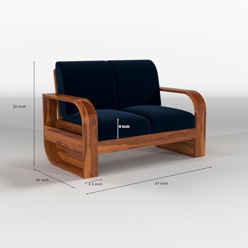 Image of Solid Sheesham Wooden 6 Seater Sofa Set with Coffee Table with Blue Cushion for Living Room Furniture - Honey Finish (3+2+1)