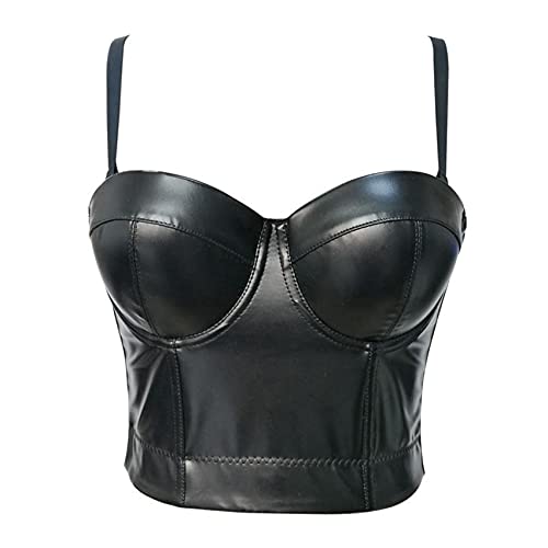 VEENDEO Women's Straps PU Leather Bustier Crop Top Push Up Corset Top Bra For Club Party Racer Sports