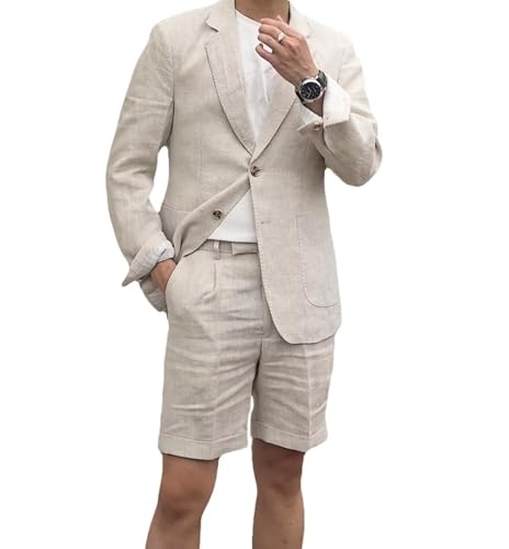 Men's Linen Short Suits Casual 2 Piece Tuxedo Suit Set for Men Slim Fit Summer Beach Wedding Prom Jacket Blazer Shorts Suit