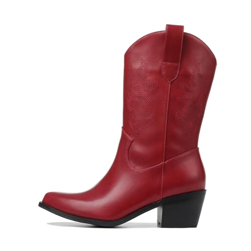 VIMISAOI Womens Cowboy Boots Comfortable Retro Pull On Pointed Toe Wide Calf Long Tall Block Chunky Heel Embroidered Western Cowgirl Mid Calf Boots2