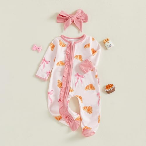 Newborn Baby Girl footed Romper Infant Croissant Bow Print Zip Up Bodysuit Headband Fall Clothes2