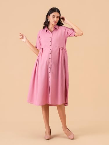 Image of The Mom Store Maternity & Nursing Midi Dress for Women | Pregnancy & Postpartum Wear | Cotton Flex Dress for New Mom | Trendy Stylish Comfortable Feeding Dress for Womens | Causal Office Formal Wear