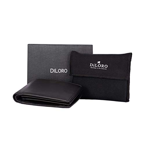 Image of DiLoro Mens Large Leather Bifold Wallet Flip ID Zipper Coin Compartment | Large capacity mens bifold wallet featuring dual flip ID windows, a coin pocket, and a YKK zippered compartment