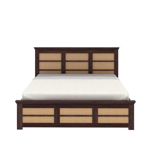 Image of Ganpati Arts Solid Sheesham Wood Queen Size Cane Bed with Hydraulic Storage | Solid Wooden Double Bed Cot Bed with Box with Headboard (Walnut Finish)