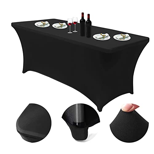 Mantel Rectangular, Cubierta de Mesa Paño de 1,8 m Spandex Elástica, Elástico Funda para Mesa Ajustables de Poliéster Bodas, Decoración de Eventos de Belleza - Negro [6ft (183 cm)] Cover