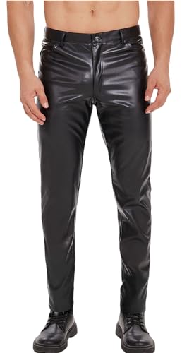 Ausing Leggings de Látex Pantalones de Piel sintética para Hombre Wetlook Traje para la Caja de Noche Pantalones de Motero de Cuero con Bolsillos Traje de Fiesta Clubwear, Negro , M