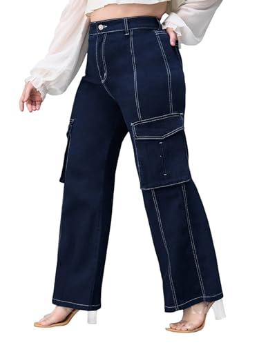Image of Miss Chase A+ Women's Wide-Leg High-Rise Regular-Length Stretchable Cargo Denim Jeans