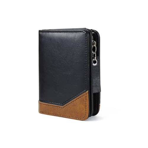 Mens Wallet, Minimalist Bifold Leather Wallet Fashion Multi Card Holder Wallet with Zipper Coin Pocket ID Window (Black)
