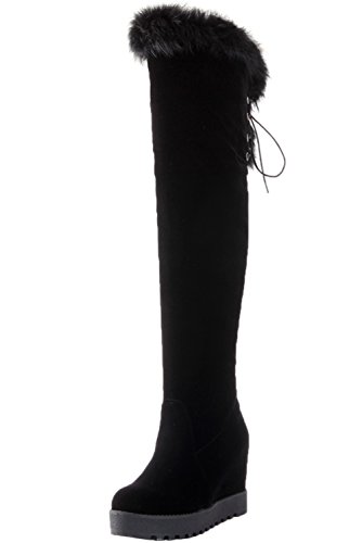 Mujer Botas Altas de Rodilla Invierno Caliente Piel sintética Aumento Cordones Negro Cuña Plataforma Botas Altas largas De BIGTREE 37 EU