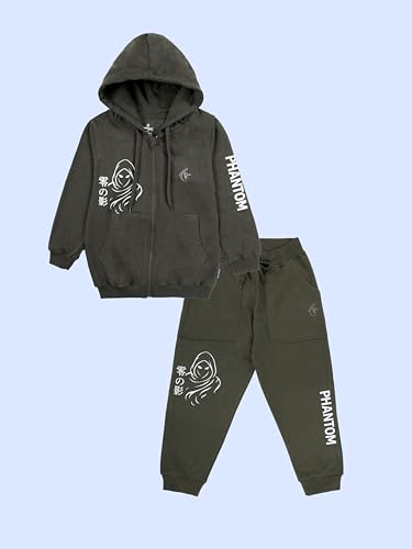 Image of Boys Solid Fleece Full Sleeve Zip Front Open Hooded Sweatshirt With Track Pant Set