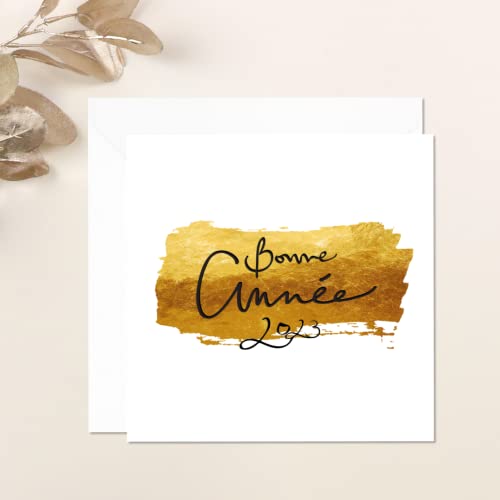 popcarte Carte de vœux 2023 • Joli Peinture Dorée • Lot de 16 Cartes • Papier haut de gamme • 16 Enveloppes Blanches • 14x14 cm Pliée • Idéal pour souhaiter la Bonne Année et Nouvel An Cover