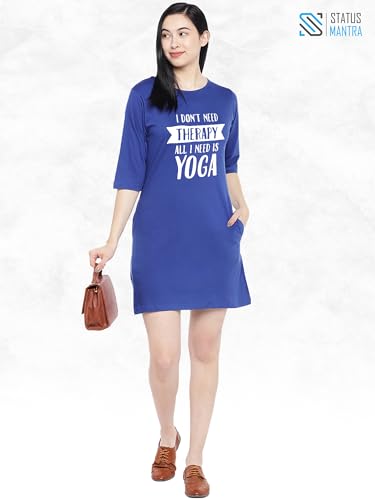 Image of STATUS MANTRA Women's Long T-Shirt Dress - Cotton Casual Knee Length Dress with 3 /4 Sleeves | Soft Bio-Washed Fabric, Crew Neck, Relaxed Fit | Comfy Summer Lounge Wear