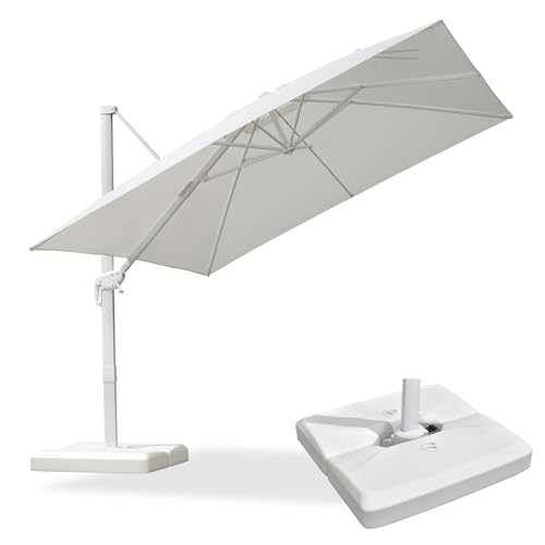 PURPLE LEAF 10 FT Patio Umbrella With Base White Cantilever Umbrella Square Outdoor Offset Umbrella Windproof with 360° Rotation for Garden Deck Pool, White