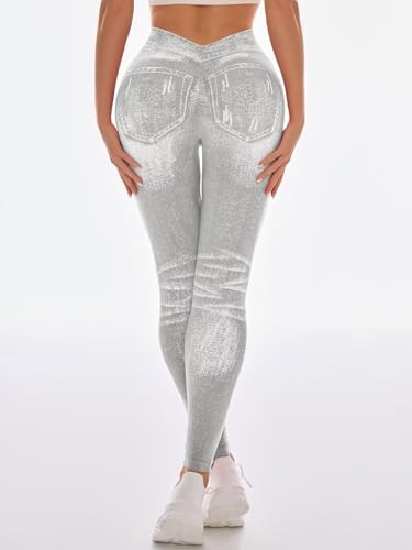 V Back Faux Denim Jeggings for Women Butt Lifting Tummy Control High Waisted Jeans Yoga Pants Scrunch Leggings3