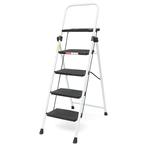 4 Step Ladder, Folding Step Stool with Tool Platform and Anti-Slip Pedal, Sturdy Steel Ladder,Lightweight, Perfect for Home and Kitchen, White