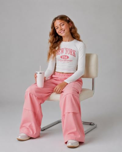 Image of Azmxynol Girls Clothes 2 Piece Outfit Ribbed T-Shirt Top + Cargo Pants, Girls Fall Clothing Set, Sizes 5-16 Years